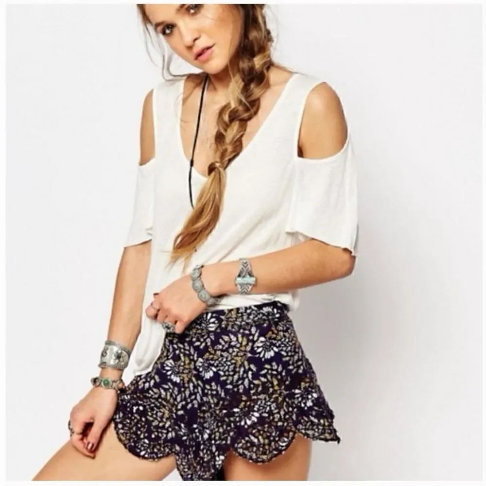 FREE PEOPLE Linen Blend Off White Bittersweet Cold Shoulder Tee Top S